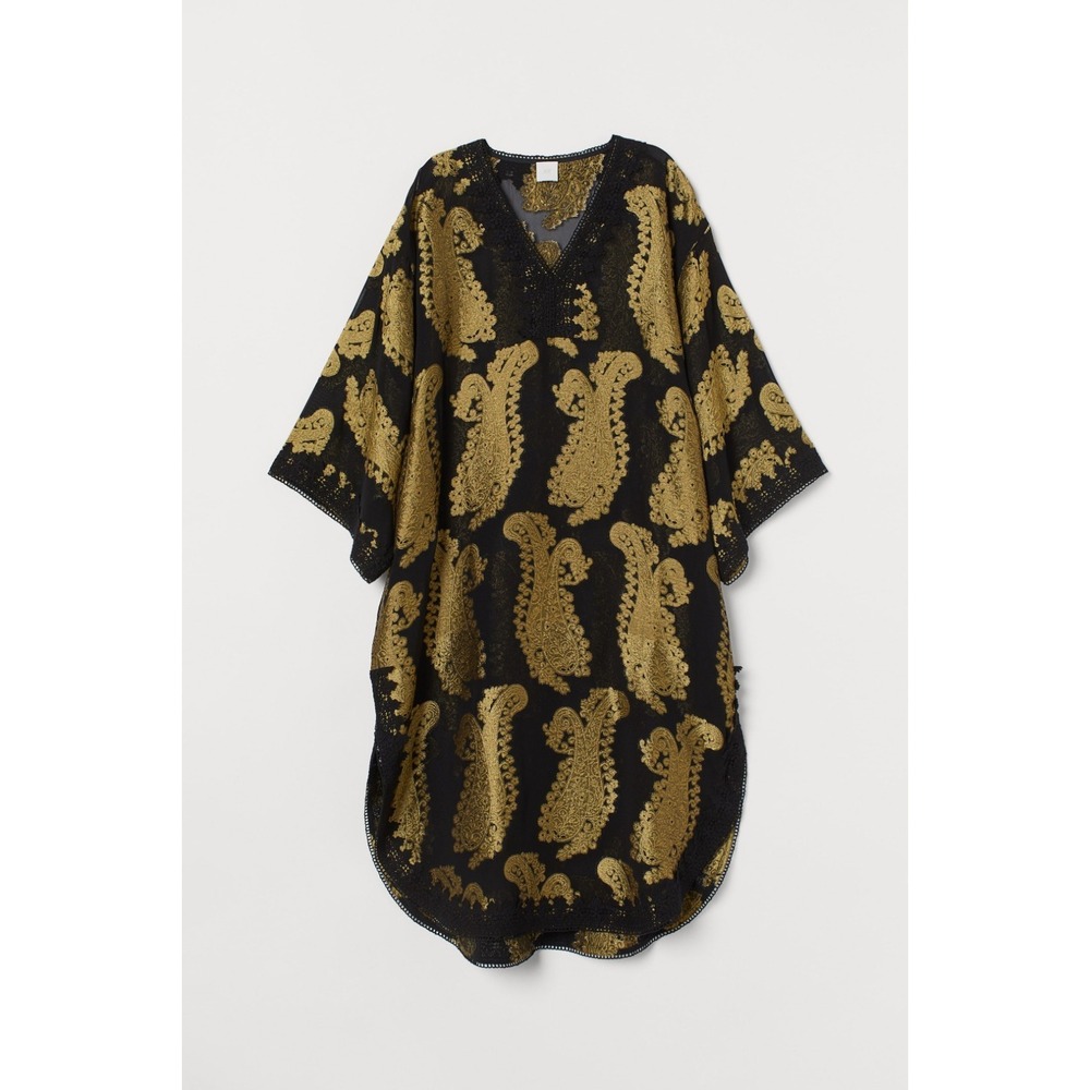 H&M Jacquard Black Gold-coloured Patterned kaftan XS NWT